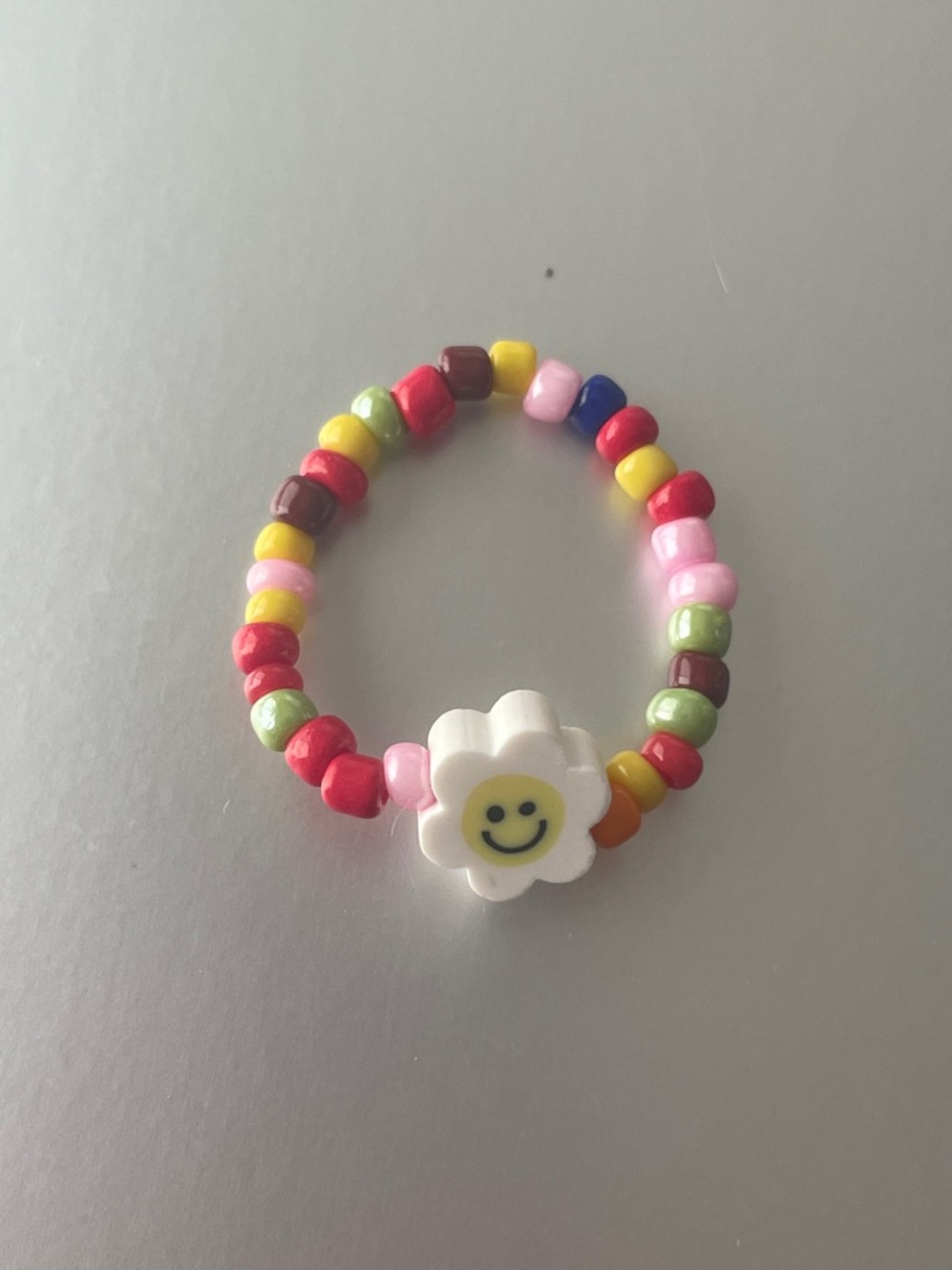 Multicolor Beaded Flower Ring with Smiley Charm - Pink, Red, Yellow